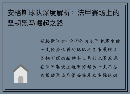 安格斯球队深度解析：法甲赛场上的坚韧黑马崛起之路