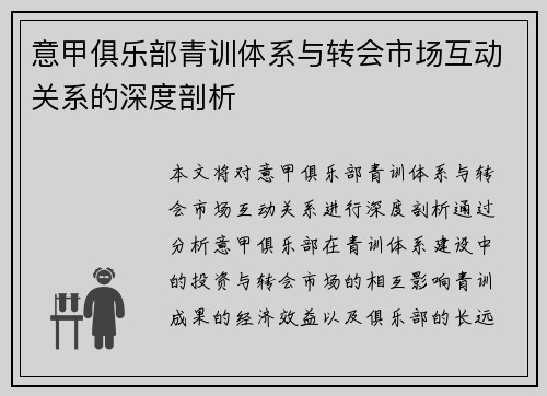 意甲俱乐部青训体系与转会市场互动关系的深度剖析