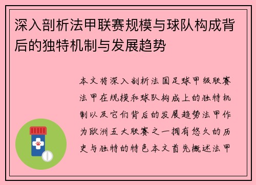 深入剖析法甲联赛规模与球队构成背后的独特机制与发展趋势